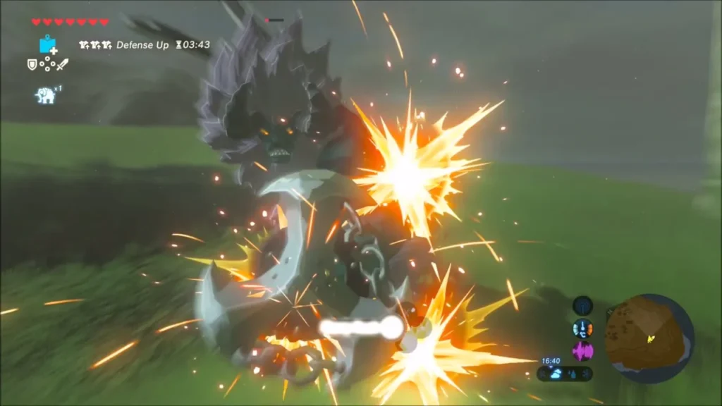 Burst of sparks as Link strikes the staggered Lynel