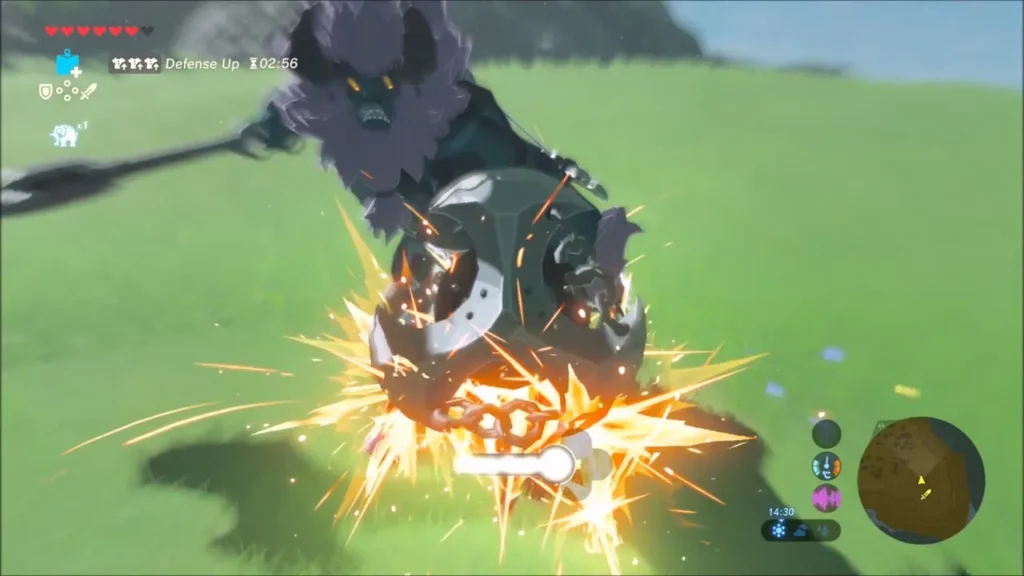Sparks flying as Link's blow lands on the Lynel's shield