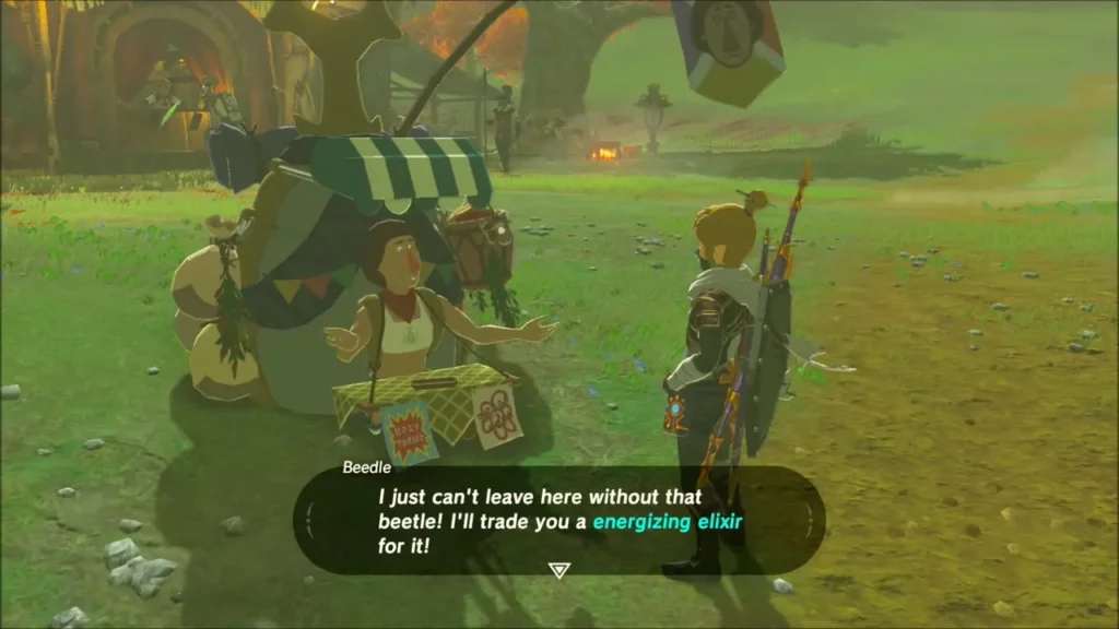 Beedle offering an energizing elixir in trade for the beetle Beedle offering an energizing elixir in trade for the beetle