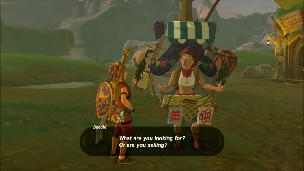 Beedle standing beside Link by his big pack near Dueling Peaks Stable Beedle standing beside Link by his big pack near Dueling Peaks Stable