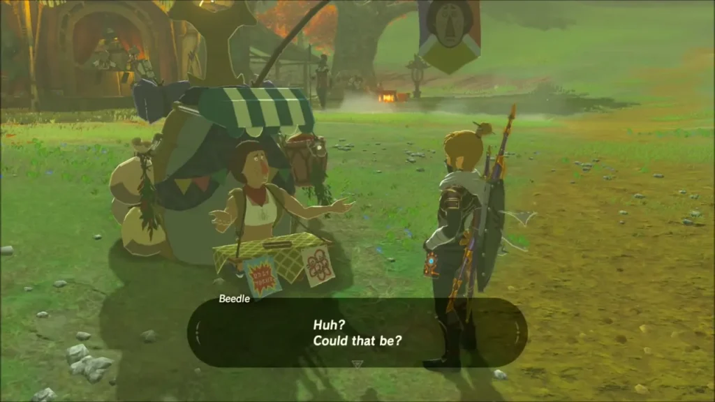 Beedle with his huge pack and striped awning talking to Link outside East Akkala Stable Beedle with his huge pack and striped awning talking to Link outside East Akkala Stable