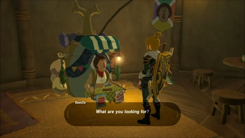 Beedle at his stall inside a stable asking Link what he is looking for Beedle at his stall inside a stable asking Link what he is looking for