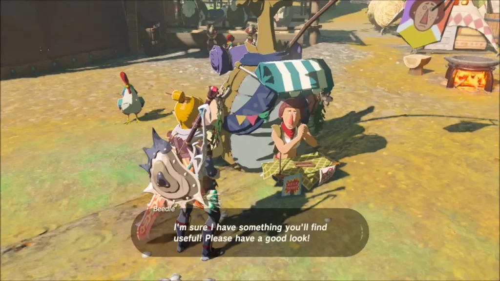 Beedle sitting at his stall offering wares to Link in a sunny village square Beedle sitting at his stall offering wares to Link in a sunny village square