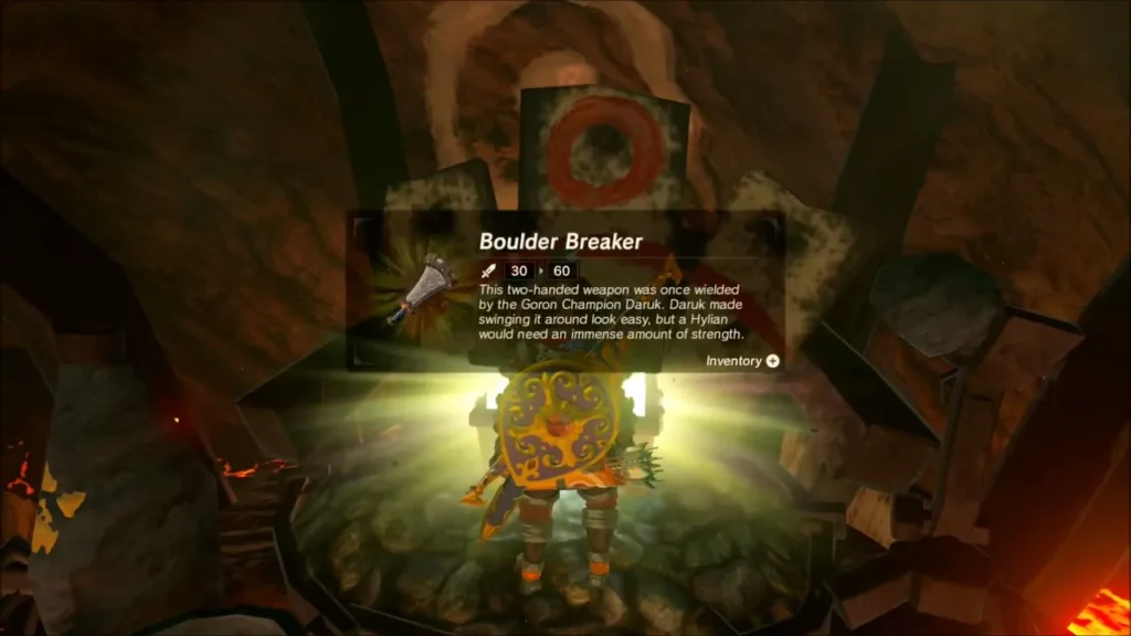 Link holding up the Boulder Breaker from the chest in Bludo's house Link holding up the Boulder Breaker from the chest in Bludo's house