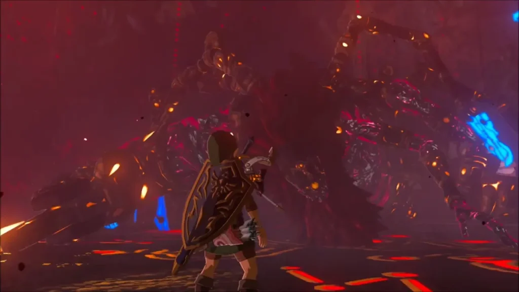 Link facing the spider-like Calamity Ganon in the castle sanctum Link facing the spider-like Calamity Ganon in the castle sanctum