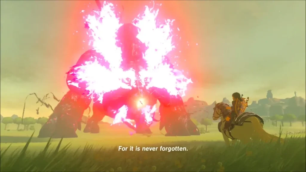 Dark Beast Ganon glowing before Link on horseback Dark Beast Ganon glowing before Link on horseback