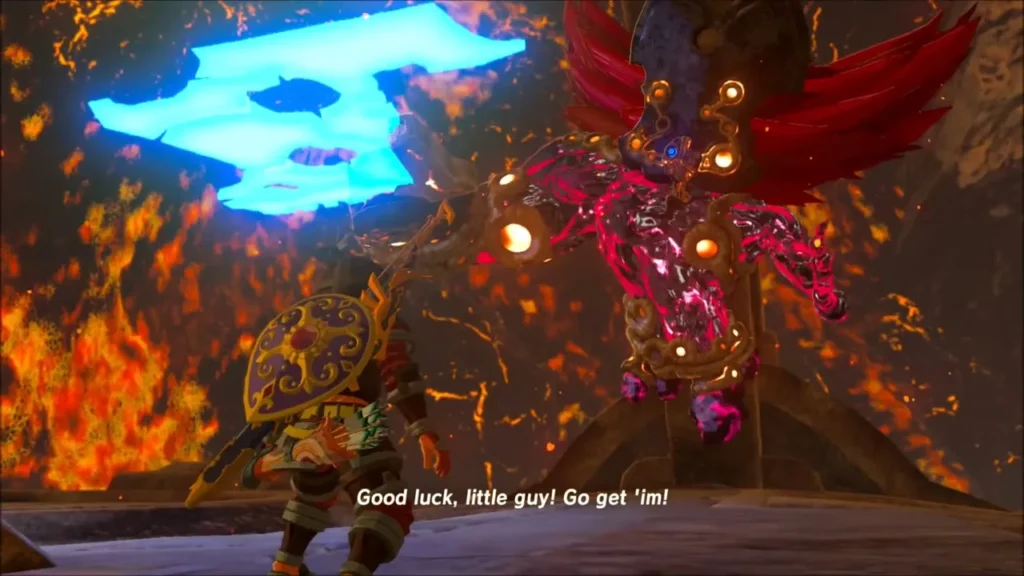 Link facing Fireblight Ganon amid flames in Vah Rudania Link facing Fireblight Ganon amid flames in Vah Rudania