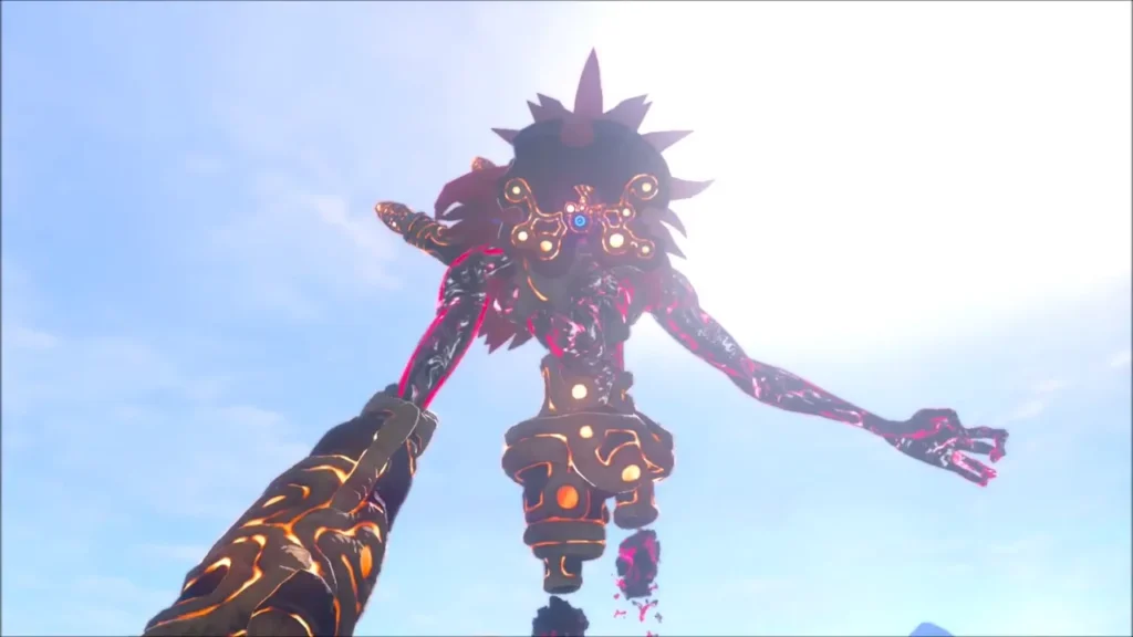 Windblight Ganon towering over Link above Vah Medoh Windblight Ganon towering over Link above Vah Medoh