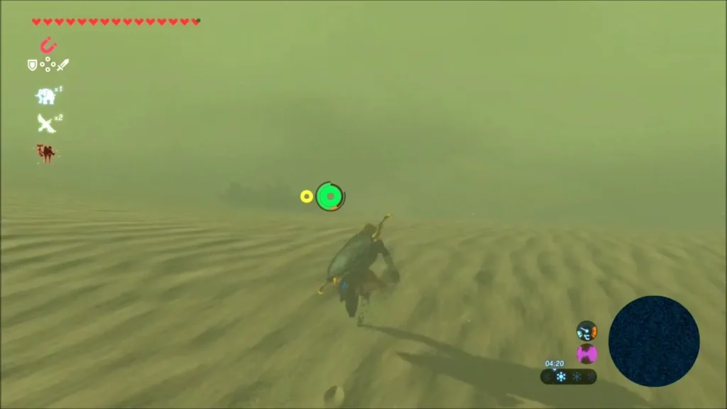 Link running through a sandstorm across the Gerudo Desert Link running through a sandstorm across the Gerudo Desert