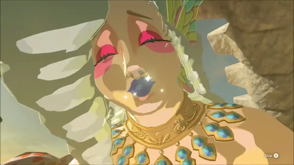 Tera closing her eyes as sparkles enhance Link's armor Tera closing her eyes as sparkles enhance Link's armor