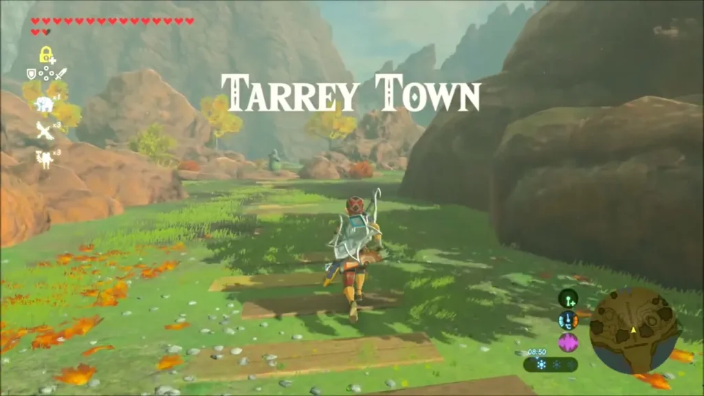 Link arriving at the Tarrey Town site in Akkala Link arriving at the Tarrey Town site in Akkala