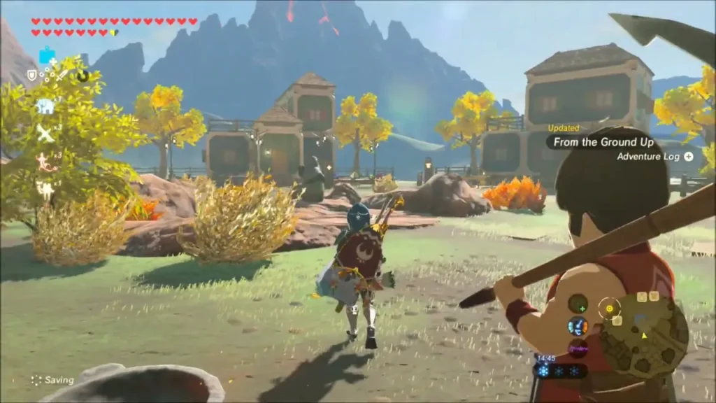 Link walking past Hudson toward finished houses as the quest updates Link walking past Hudson toward finished houses as the quest updates