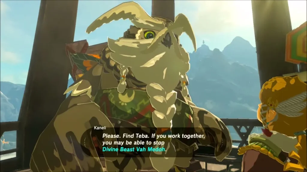 Kaneli asking Link to find Teba so they can stop Vah Medoh together Kaneli asking Link to find Teba so they can stop Vah Medoh together
