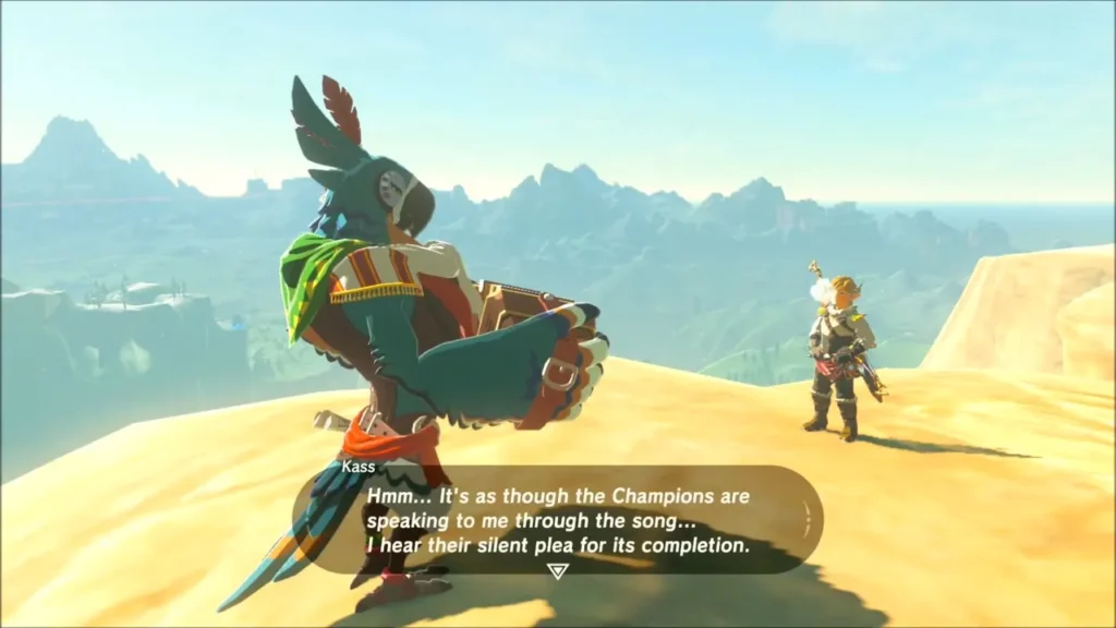 Kass speaking to Link on a desert ridge after singing the verse Kass speaking to Link on a desert ridge after singing the verse