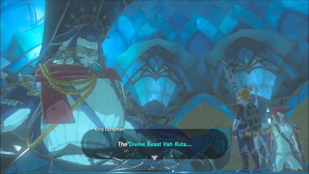 Dorephan telling Link and Sidon about Divine Beast Vah Ruta Dorephan telling Link and Sidon about Divine Beast Vah Ruta