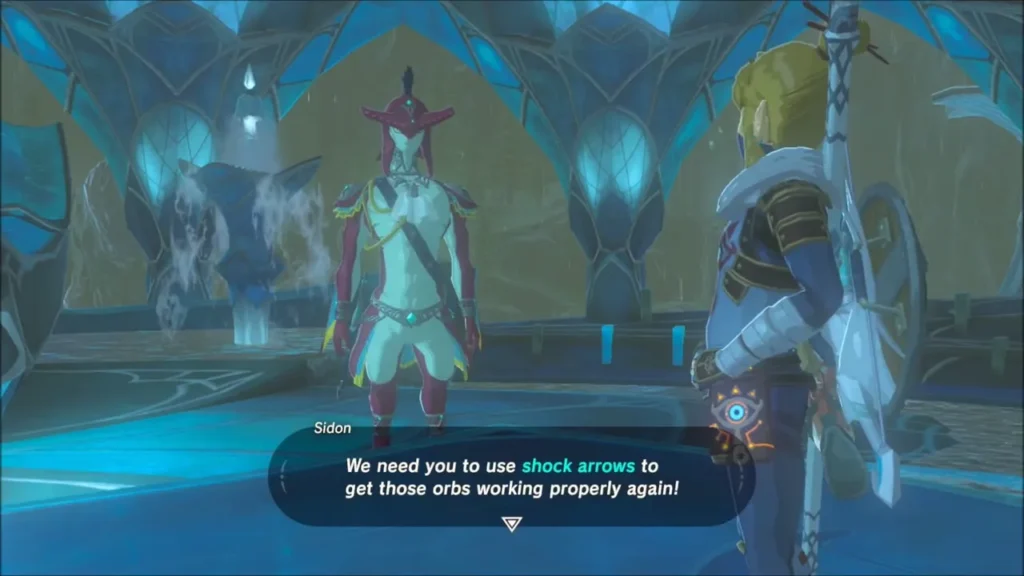 Sidon asks Link to use shock arrows on Ruta's orbs Sidon asks Link to use shock arrows on Ruta's orbs
