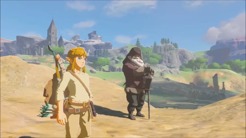 The Old Man and Link with the Temple of Time in the distance
