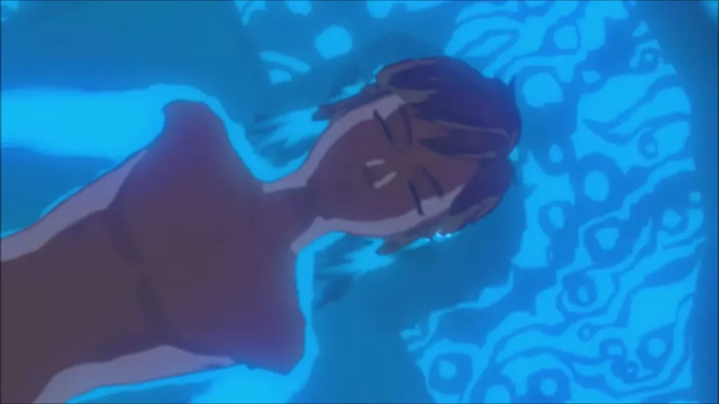 Link asleep in the glowing blue water of the Shrine of Resurrection Link asleep in the glowing blue water of the Shrine of Resurrection