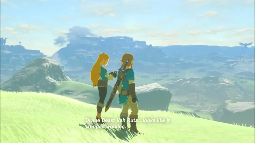 Link and Zelda on a grassy hill looking over Hyrule toward the castle Link and Zelda on a grassy hill looking over Hyrule toward the castle