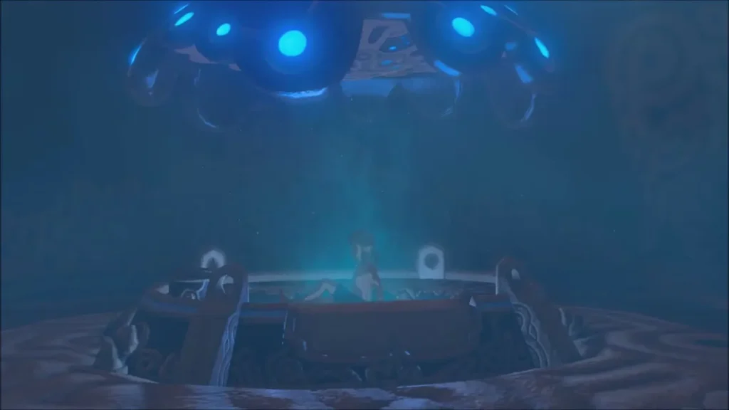 Link in the Shrine of Resurrection basin under the glowing Sheikah ceiling Link in the Shrine of Resurrection basin under the glowing Sheikah ceiling