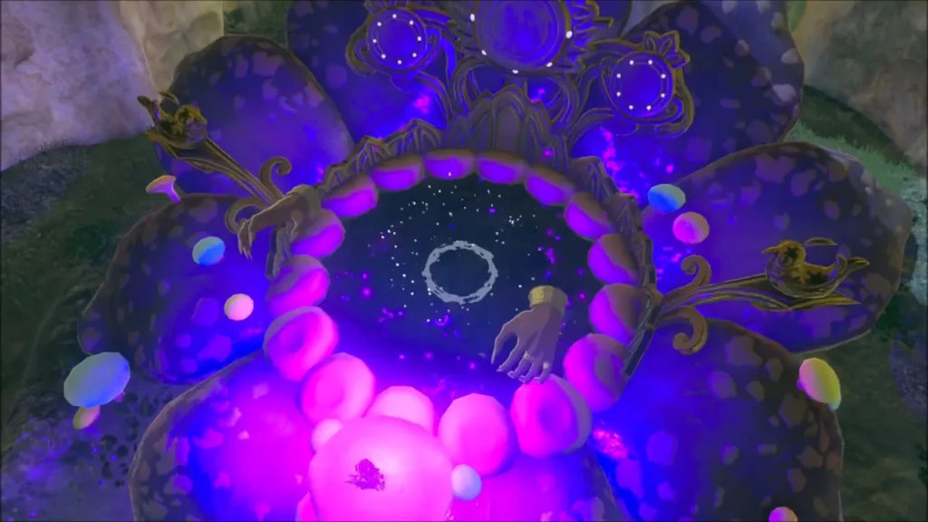 The glowing purple flower of the Horse God's fountain seen from above The glowing purple flower of the Horse God's fountain seen from above