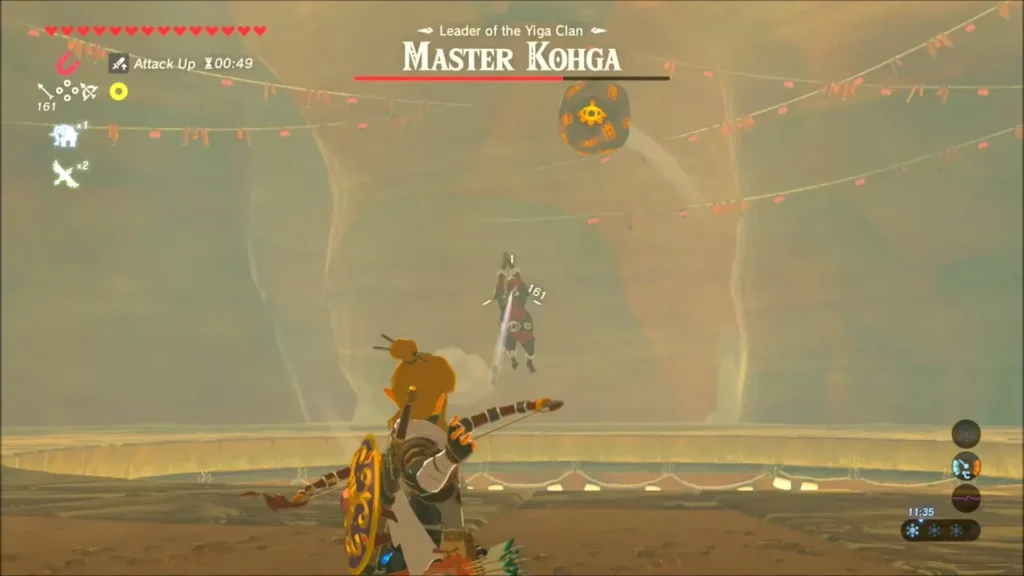 Link aiming at Kohga as a stone sphere drops from above Link aiming at Kohga as a stone sphere drops from above