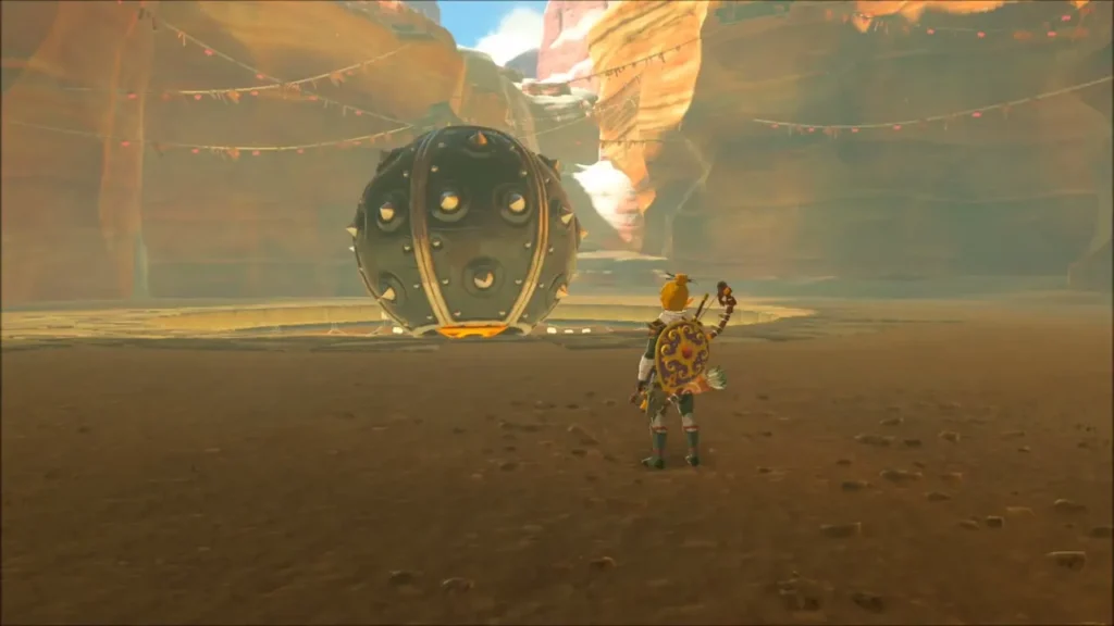 The huge metal sphere rolling across the arena toward Link The huge metal sphere rolling across the arena toward Link