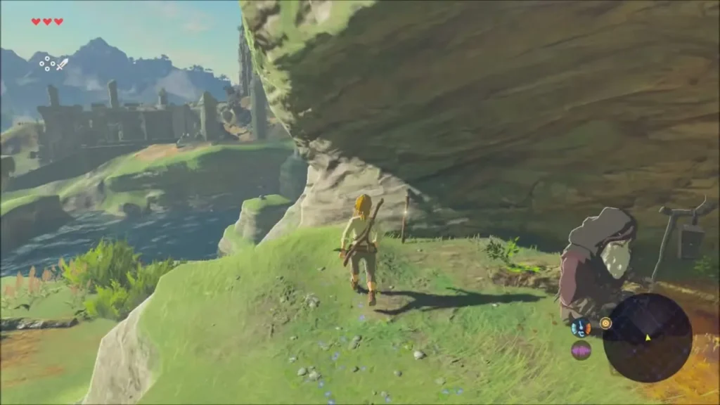 Link walking away from the Old Man's camp on the plateau cliff Link walking away from the Old Man's camp on the plateau cliff