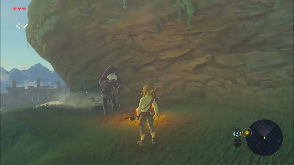 Link meeting the Old Man at his fire beneath a rock overhang Link meeting the Old Man at his fire beneath a rock overhang