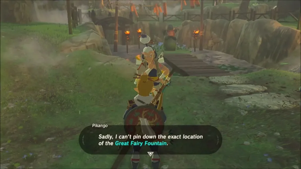 Pikango on the Kakariko path saying he cannot pin down the Great Fairy Fountain location Pikango on the Kakariko path saying he cannot pin down the Great Fairy Fountain location