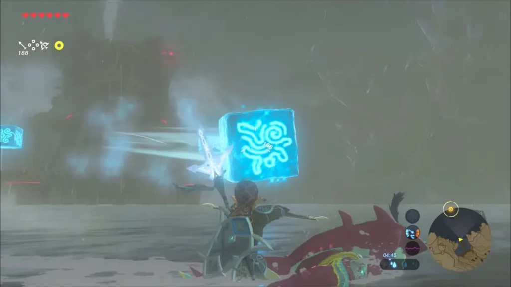 Link aiming at an ice block sent by Vah Ruta from Sidon's back Link aiming at an ice block sent by Vah Ruta from Sidon's back