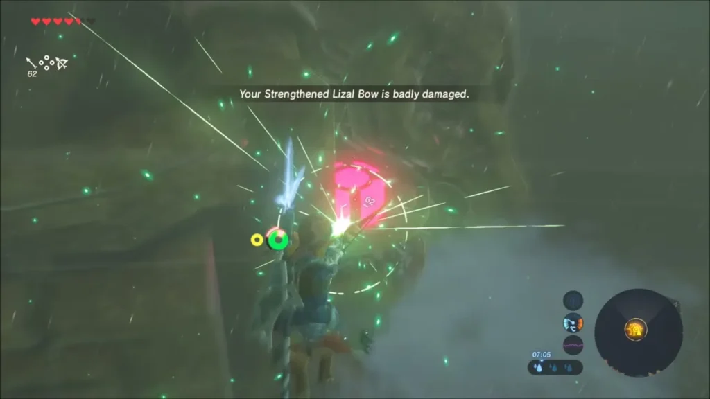 Link's arrow striking a glowing red orb on Vah Ruta Link's arrow striking a glowing red orb on Vah Ruta