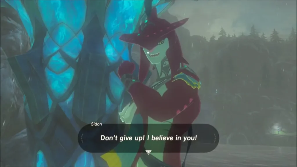 Sidon cheering Link on beside a Sheikah tower in the rain Sidon cheering Link on beside a Sheikah tower in the rain