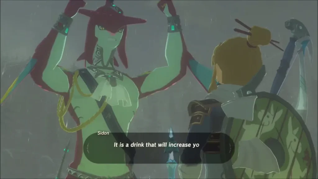 Sidon raising his arms as he offers Link a drink Sidon raising his arms as he offers Link a drink