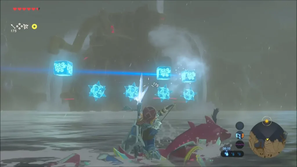 Link on Sidon's back with several ice blocks floating ahead Link on Sidon's back with several ice blocks floating ahead