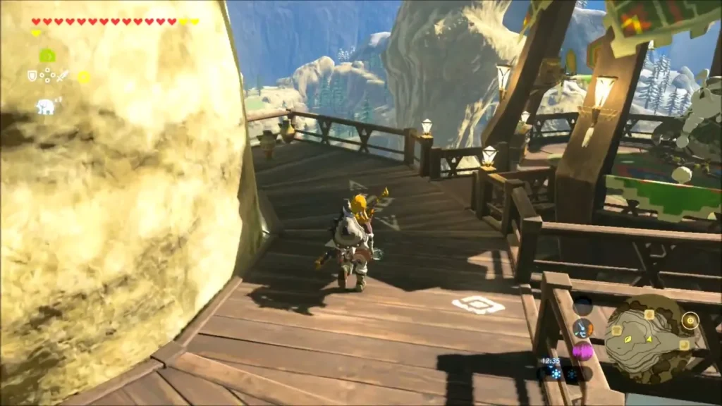 Link walking along a wooden walkway in Rito Village Link walking along a wooden walkway in Rito Village