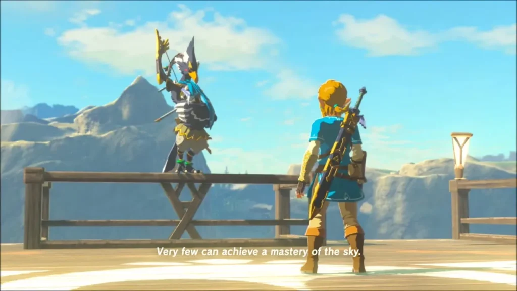 Revali perched on the railing beside Link at Revali's Landing Revali perched on the railing beside Link at Revali's Landing