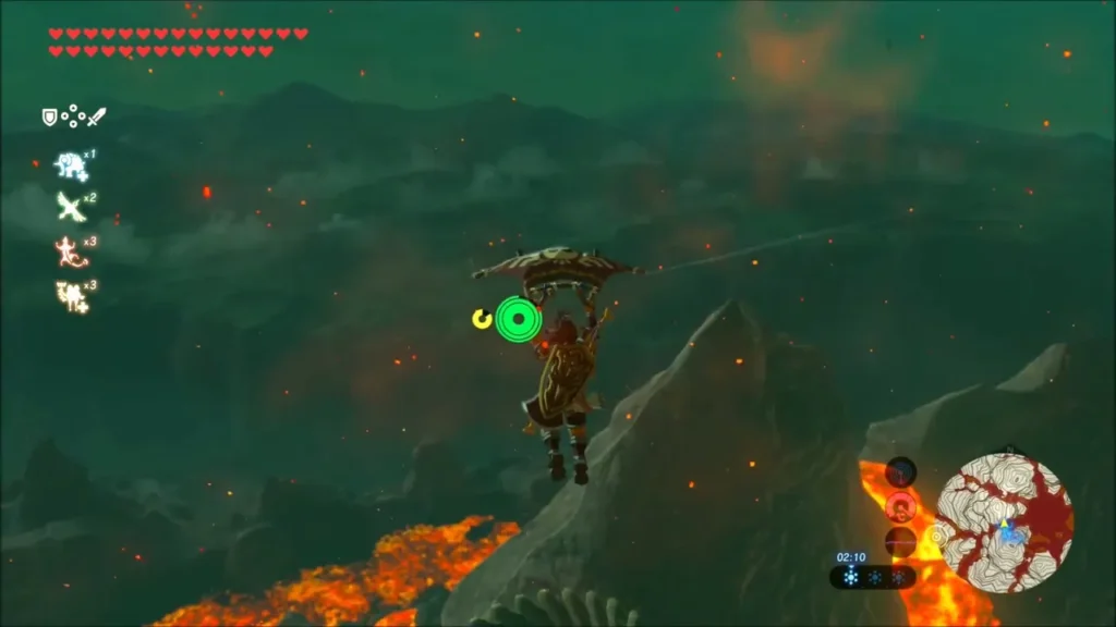 Link gliding upward on Revali's Gale over a lava-covered peak Link gliding upward on Revali's Gale over a lava-covered peak