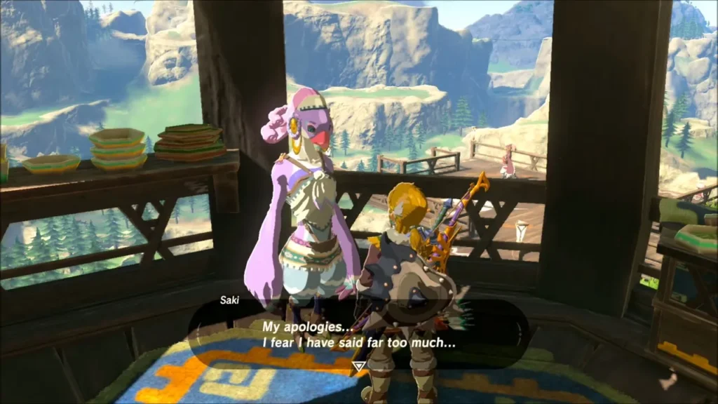 Saki speaking with Link inside her home in Rito Village Saki speaking with Link inside her home in Rito Village