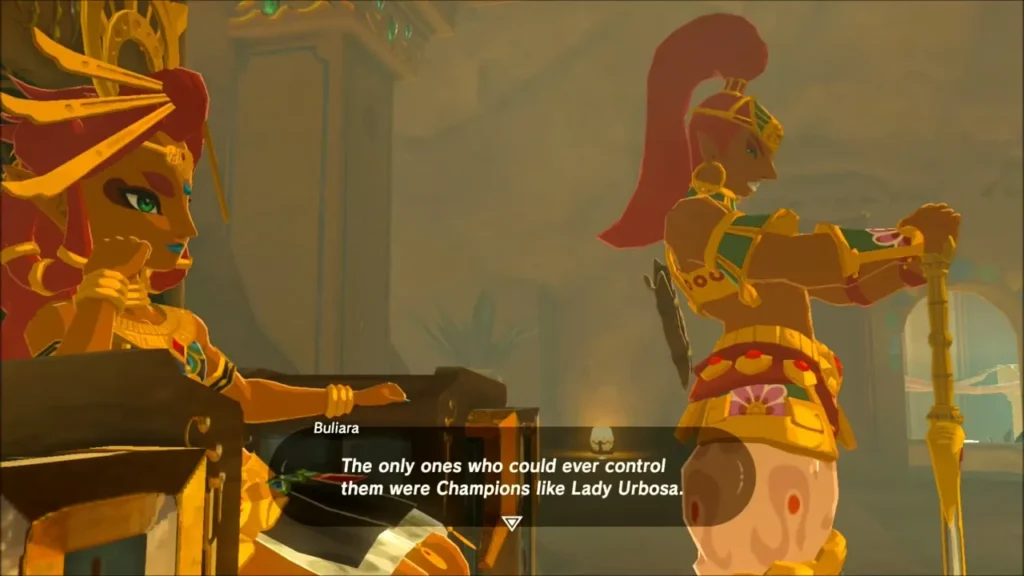 Riju on her throne beside Buliara as she speaks of Lady Urbosa Riju on her throne beside Buliara as she speaks of Lady Urbosa