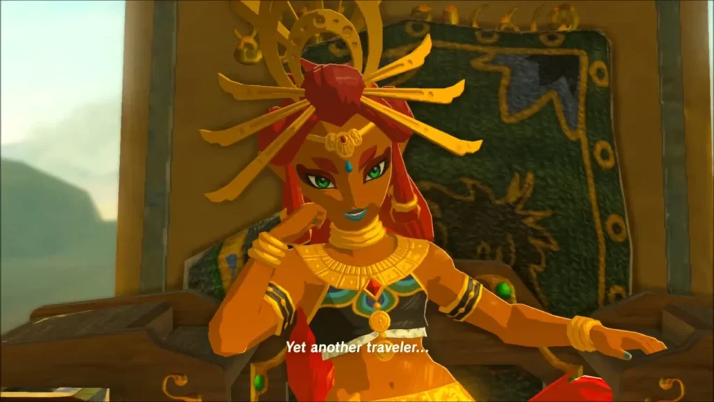 Riju, young chief of the Gerudo, leaning on her throne as she greets a traveler Riju, young chief of the Gerudo, leaning on her throne as she greets a traveler