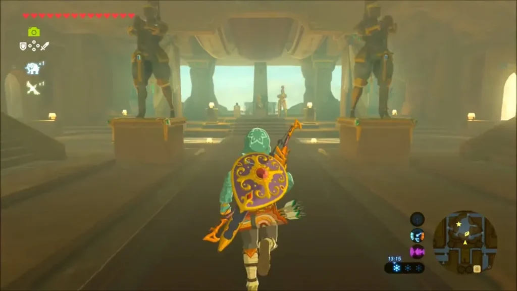 Link in the Gerudo outfit walking up the palace hall toward Riju's throne Link in the Gerudo outfit walking up the palace hall toward Riju's throne