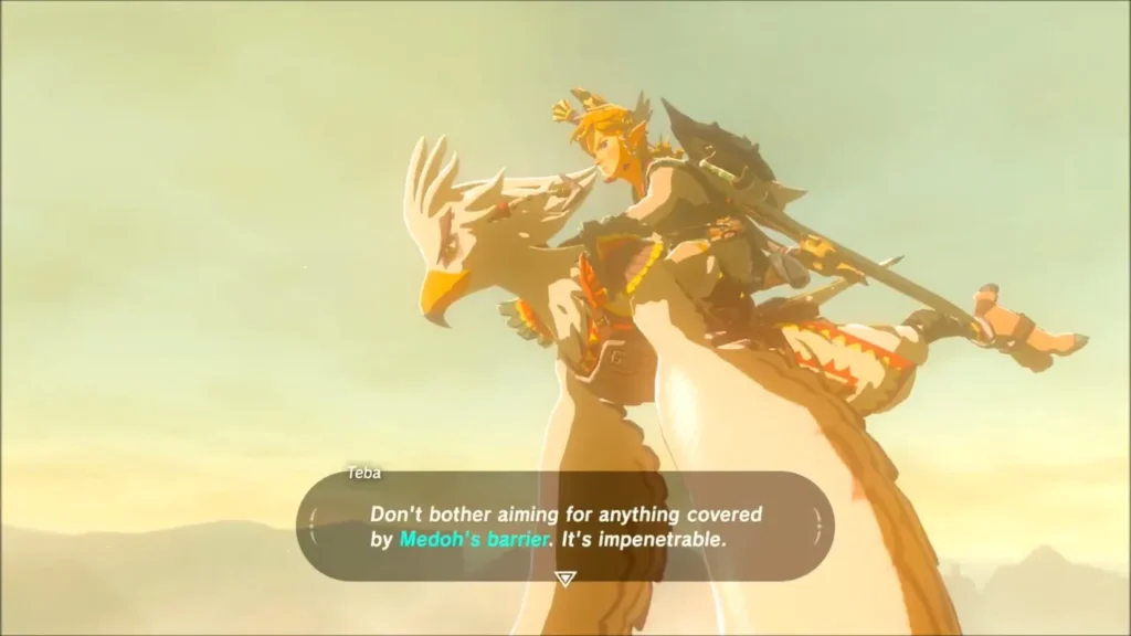 Teba carrying Link on his back toward Vah Medoh Teba carrying Link on his back toward Vah Medoh