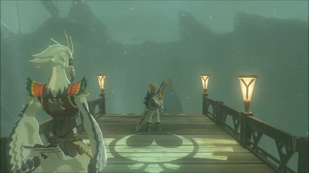 Teba and Link on the flight range platform before the archery test Teba and Link on the flight range platform before the archery test