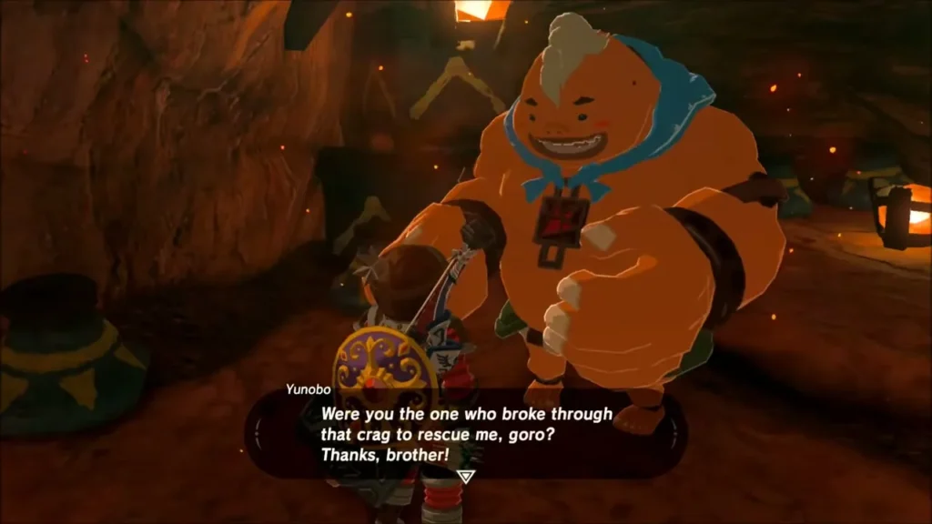 Yunobo thanking Link for breaking through the crag to free him Yunobo thanking Link for breaking through the crag to free him