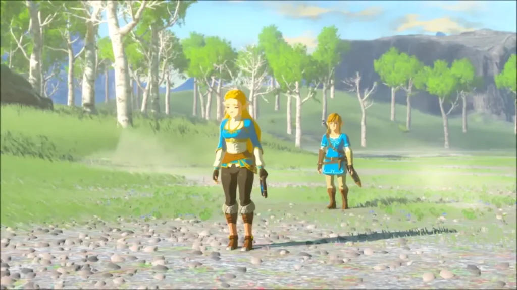 Zelda and Link standing together in a sunlit field Zelda and Link standing together in a sunlit field