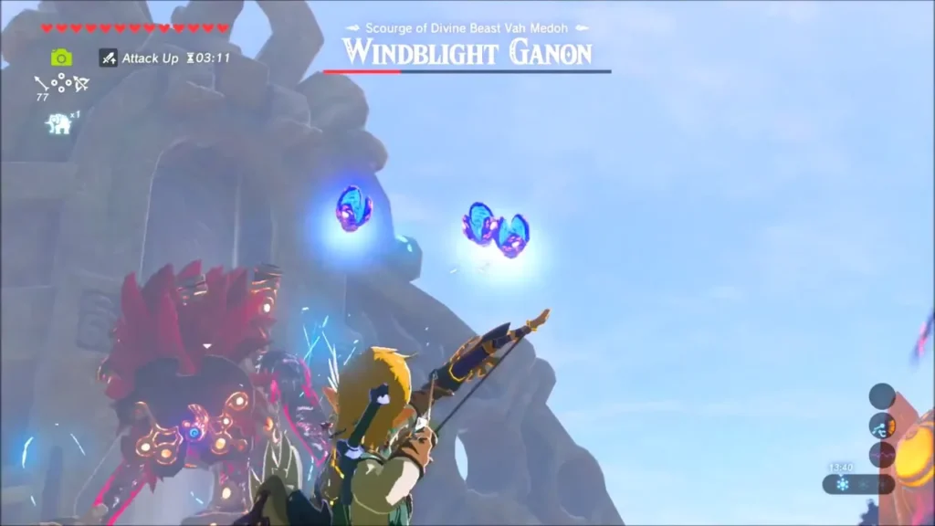 Link aiming his bow at two glowing floating turrets Link aiming his bow at two glowing floating turrets