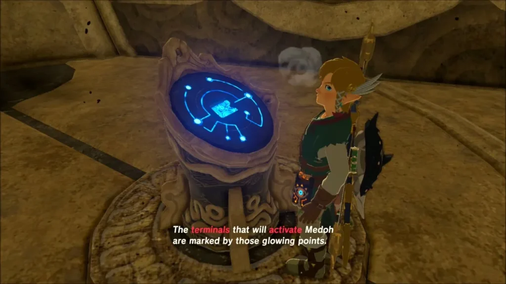 Link at the Sheikah terminal that shows the Divine Beast map Link at the Sheikah terminal that shows the Divine Beast map