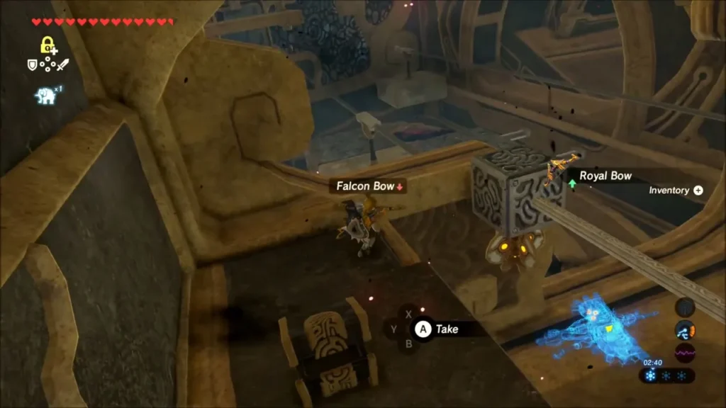 Link beside an open chest with a new bow prompt in Vah Medoh Link beside an open chest with a new bow prompt in Vah Medoh