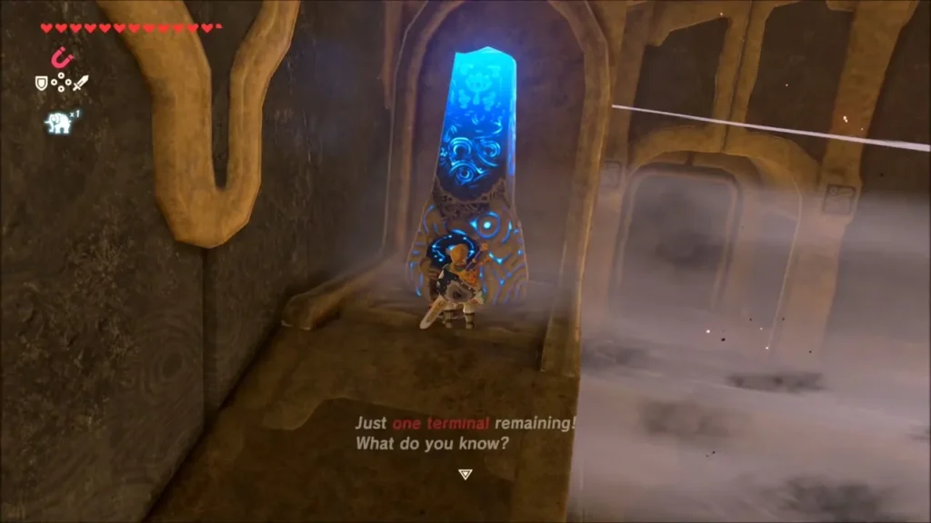 Link at a glowing terminal with a gap of cloud beside it in Vah Medoh Link at a glowing terminal with a gap of cloud beside it in Vah Medoh